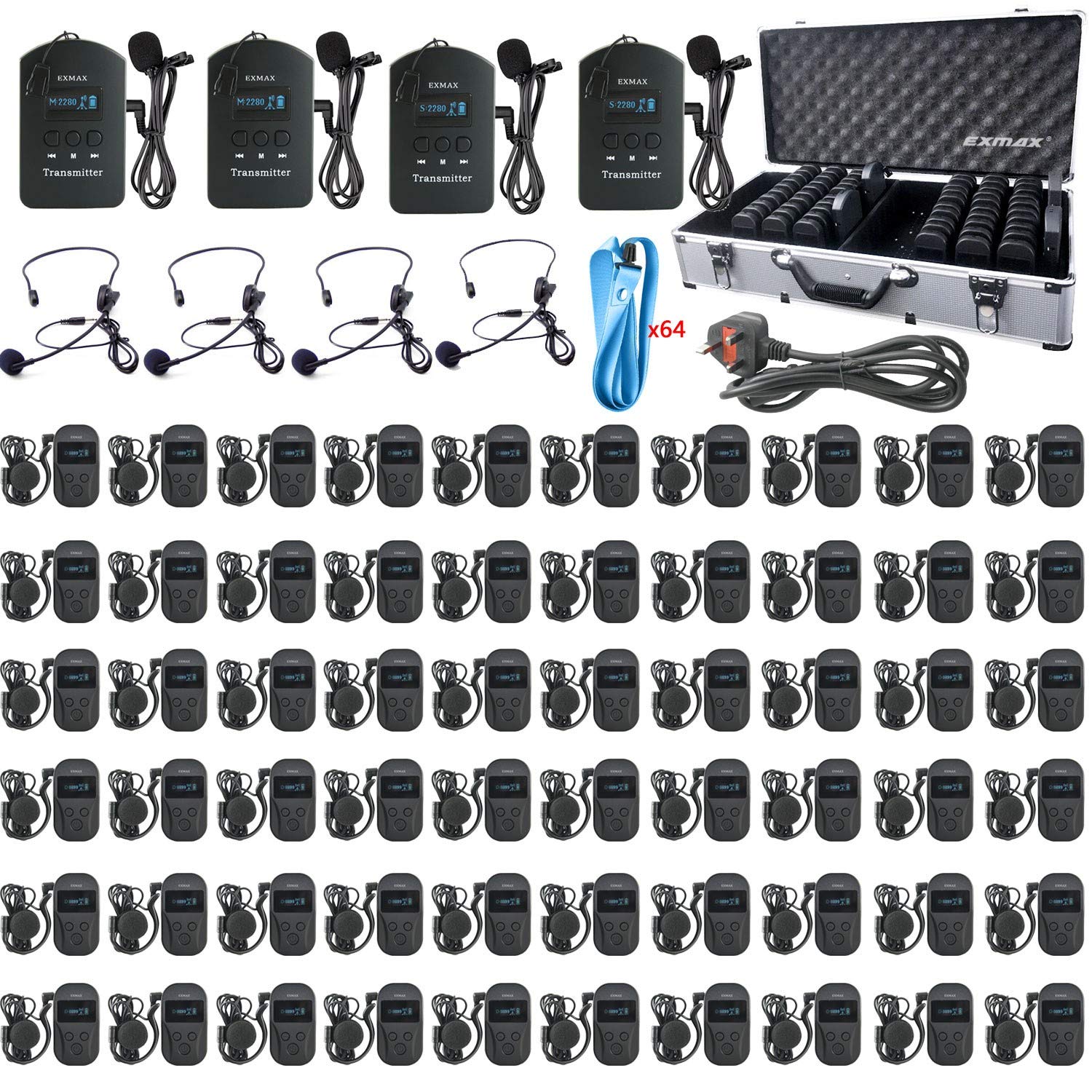 EXMAX EXD-101 2.4GHz Wireless Church Translation Equipment Tour Guide System for Summit, Presentations,Assisted Listening,hajj,Exhibition - 4 Transmitters & 60 Receivers with 64-slot Charging Case