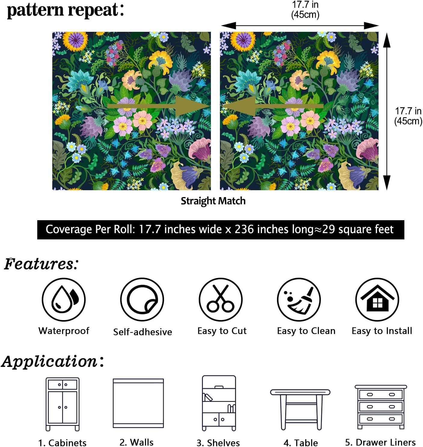 CHIHUT Peel and Stick Wildflower Wallpaper 17.7”x236” Navy with Vibrant Multicolor Wildflower Botanical Wallpaper Roll Removable Self Adhesive Decorative Floral Contact Paper for Shelves Walls