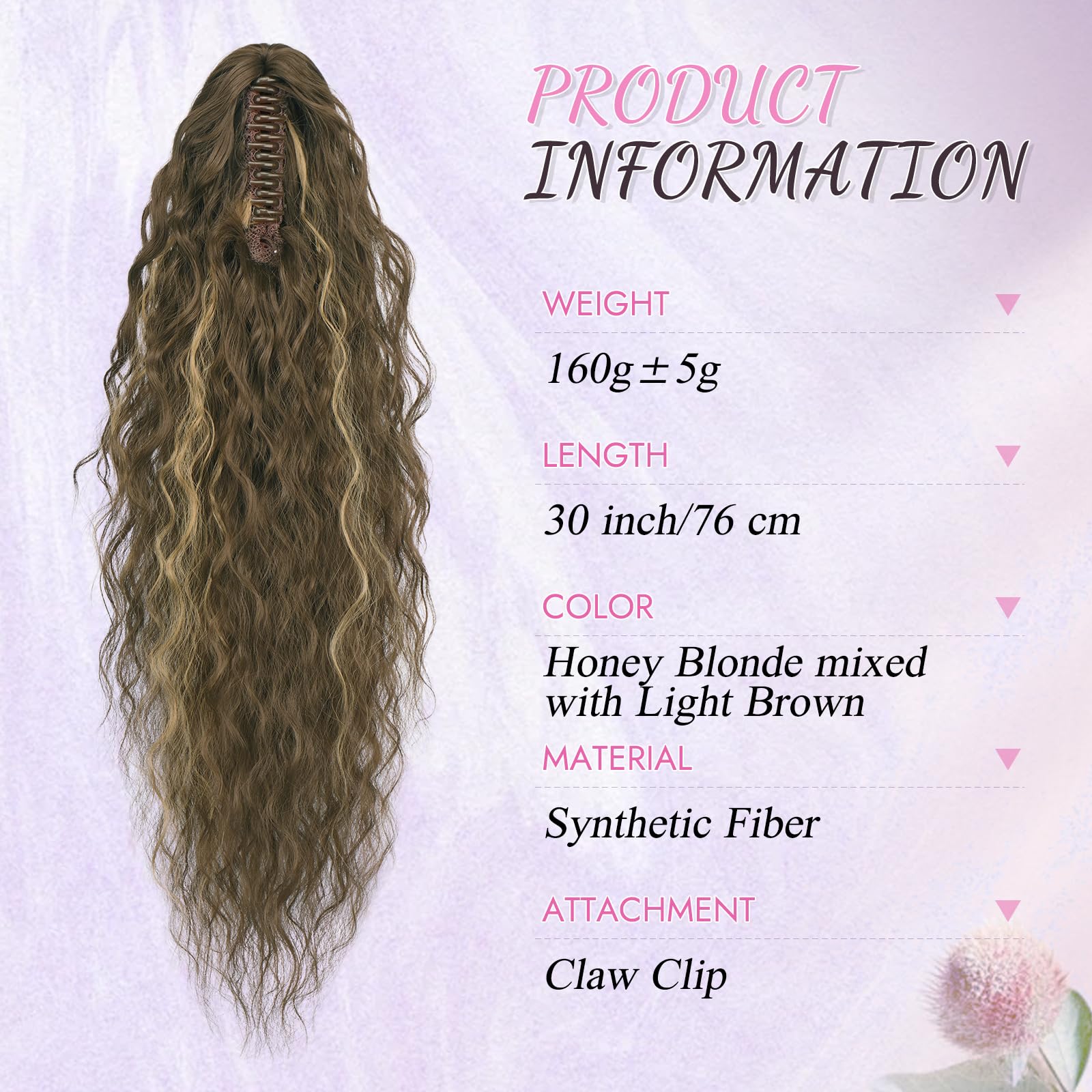RUWISS Ponytail Cheveux Naturel avec Pince 76 cm Postiche Queue de Cheval Longue Bouclée Ondulée Extension Cheveux Naturel Queue de Cheval Synthétique pour Femme, Blond Miel Mélangé Brun Clair