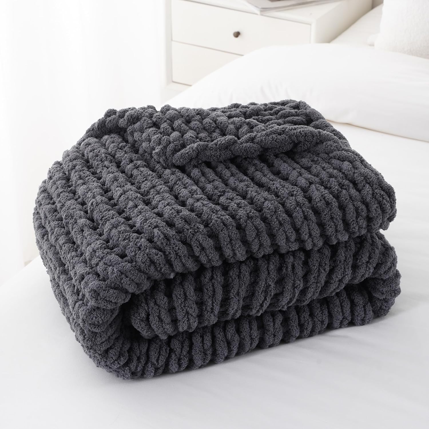 Battilo Chunky Knit Throw Blanket, Soft and Thick Chenille Throw Blanket, 50"x60" Handmade Cable Knit Crochet Blanket, Dark Grey Knot Knitted Throw Blankets for Couch Sofa Bed Home Decor