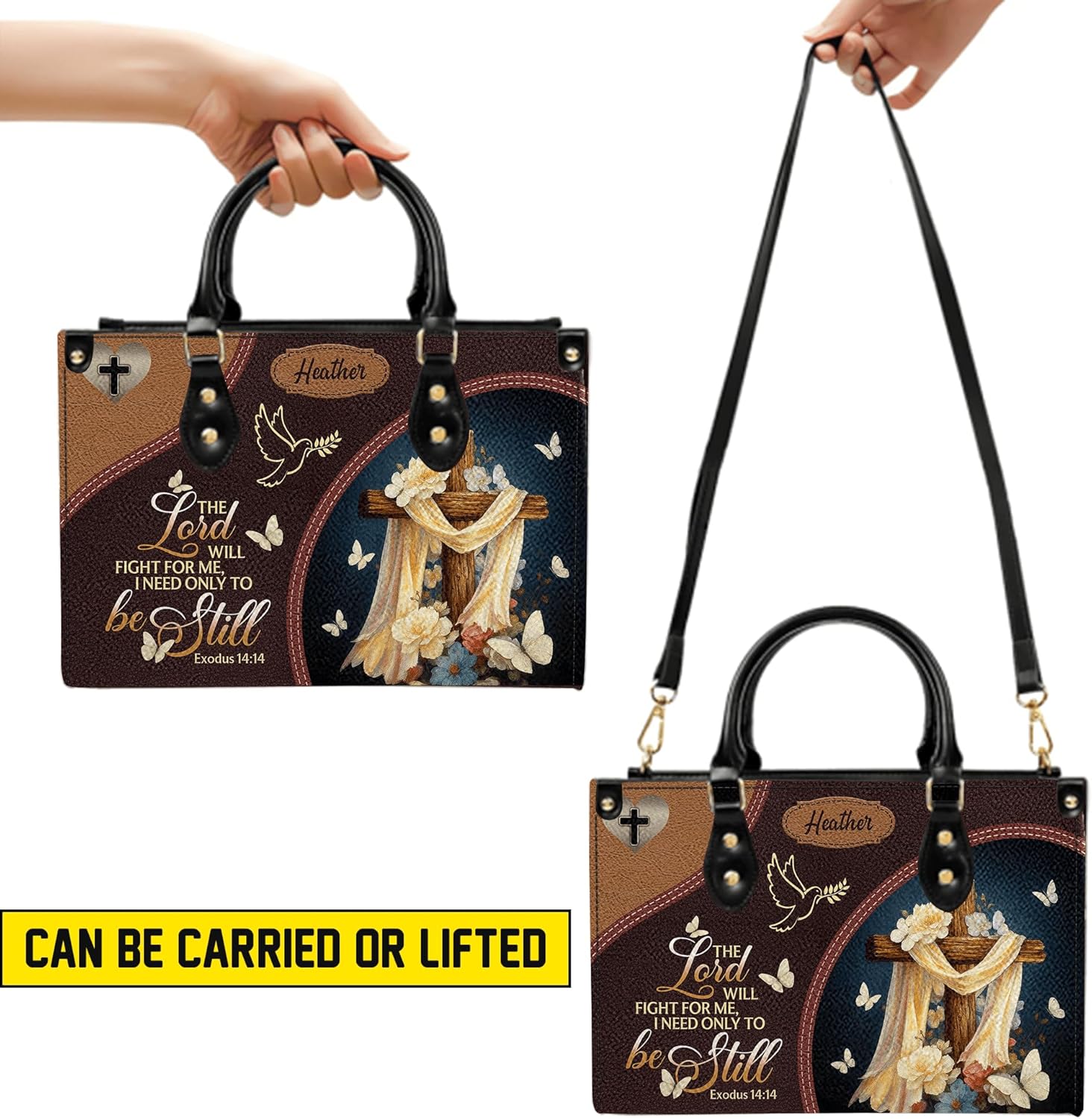 Personalized Christian Leather Handbag with Purse, Custom Name Bible, Cross Floral, Faith Gift for Mom Wife Her - Image 5