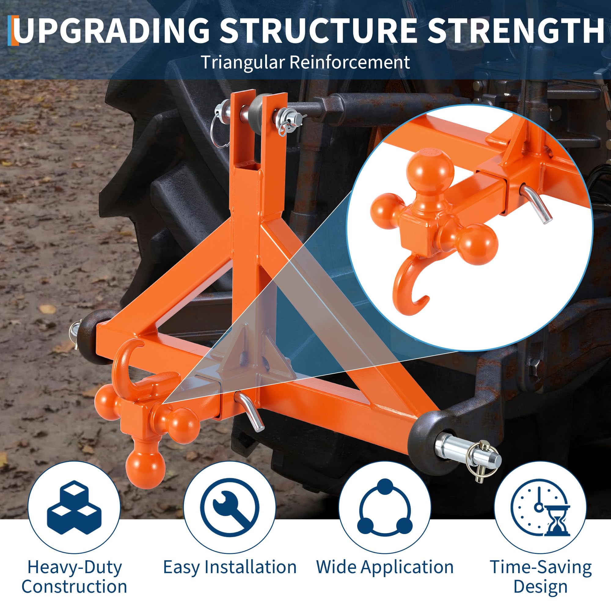 Robustesse et installation rapide – Attelage 3 points renforcé pour tracteur catégorie 1 & 2 – Adaptateur barre de remorquage avec récepteur 5,08 cm et crochet de traction – Capacité 4535 kg,