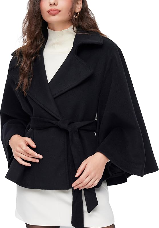 Cape Coat for Women Poncho Pea Coat Outerwear Winter Jacket | Batwing Sleeve Cropped Cape Coats, Lapel Collar Belted Short Elegant Fall Winter Fashion Clothes, Travel Work Daily Outfit