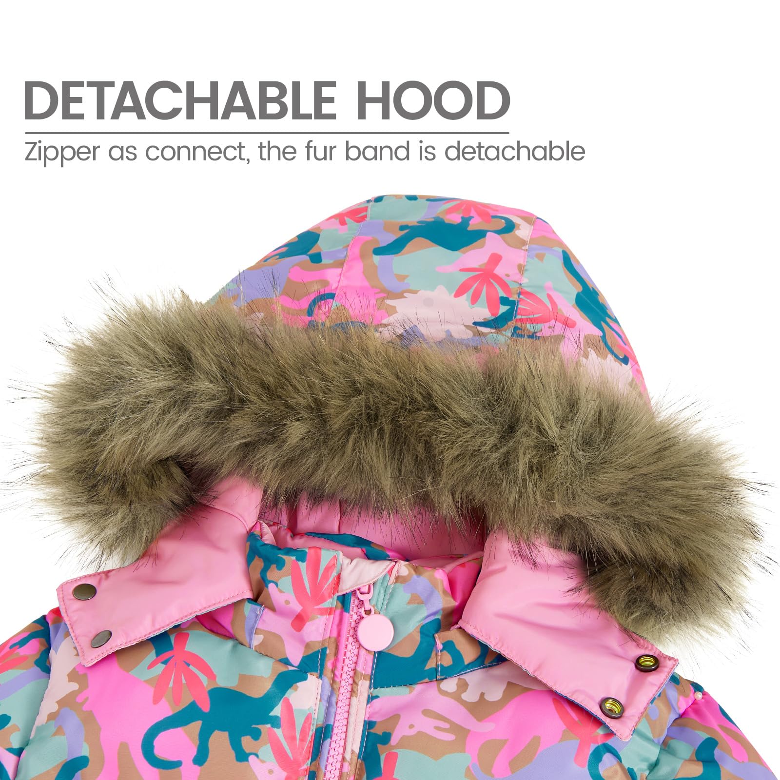 JiAmy Tuta da neve per bambini, 2 pezzi, invernale, con cappuccio, piumino e pantaloni da neve, tuta da sci per ragazzo, ultraleggero, Dinosauro rosa, 100/2-3 Years