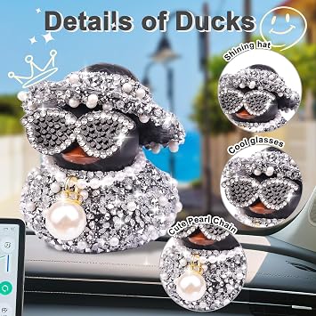 Diamond Rubber Duck Car Ornaments Dashboard Decorations with Sunglasses Pearl Necklace Cool Ducks Car Accessories Office
