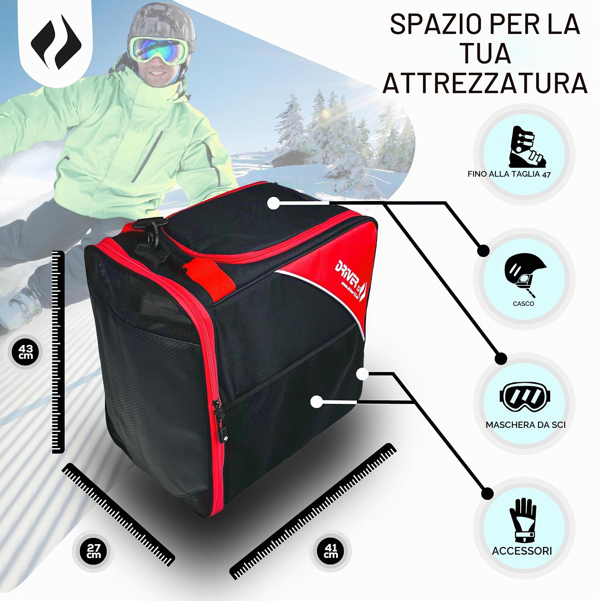 Driver13 Borsa per stivali da sci con scomparto per stivali, per stivali o snowboard (nero-rosso)
