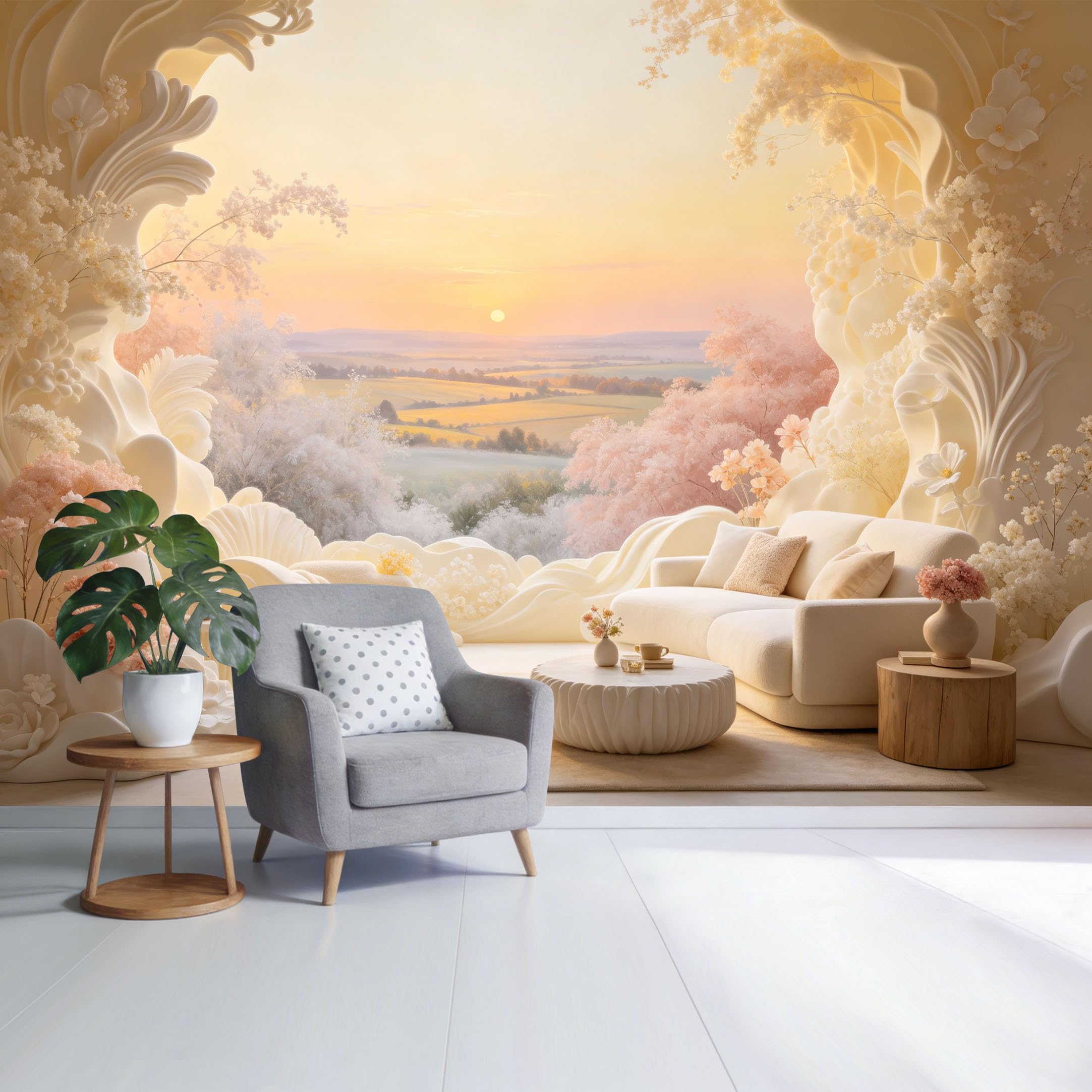 Custom Size Wall Mural Dreamy Pastel Landscape Sunset Floral Valley View Watercolor Botanical SelfAdhesive Wall Fabric Removable Wallpaper for Home Office Decor