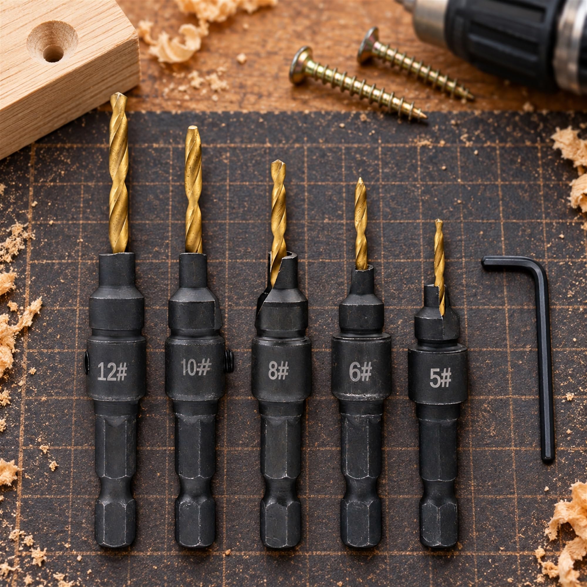 Adjustable Countersink Drill Bit Set, Gold