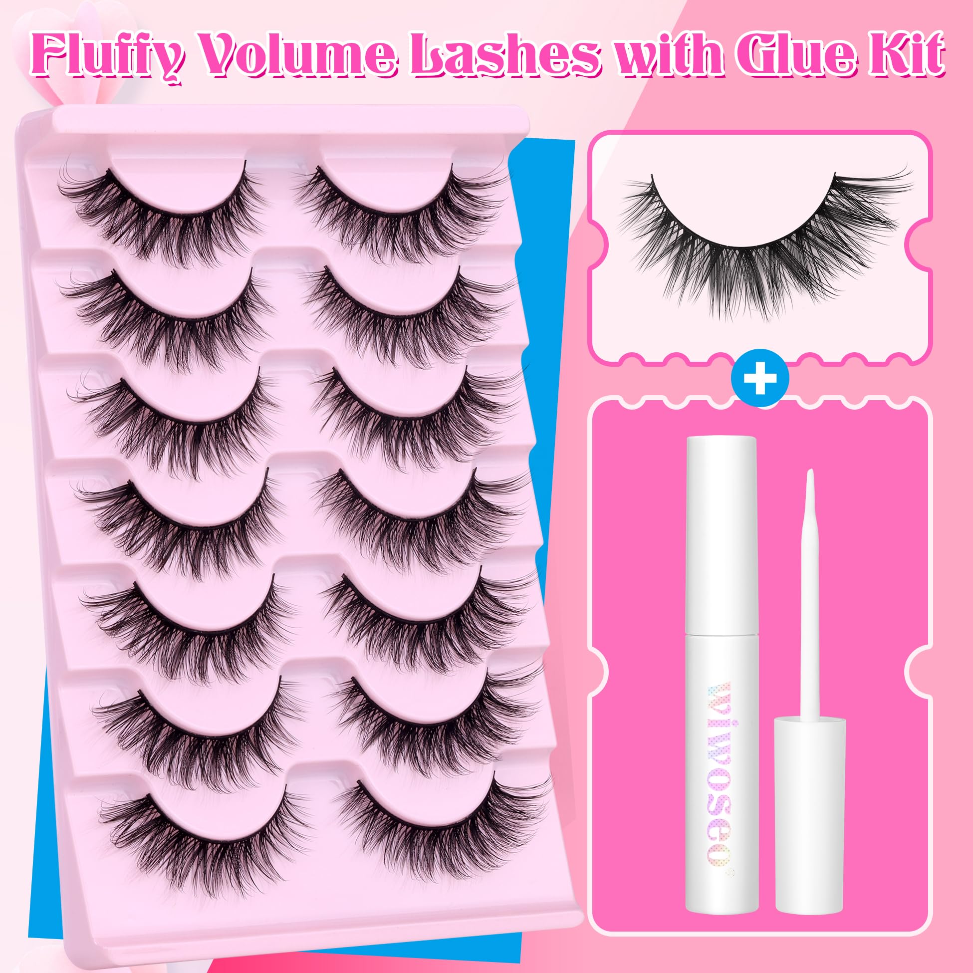 Wispy Lashes - Pestañas postizas de aspecto natural con pegamento de pestañas, kit de pestañas de ojo de gato, extensión de pestañas con pegamento de pestañas, paquete de pestañas cortas de visón, 7