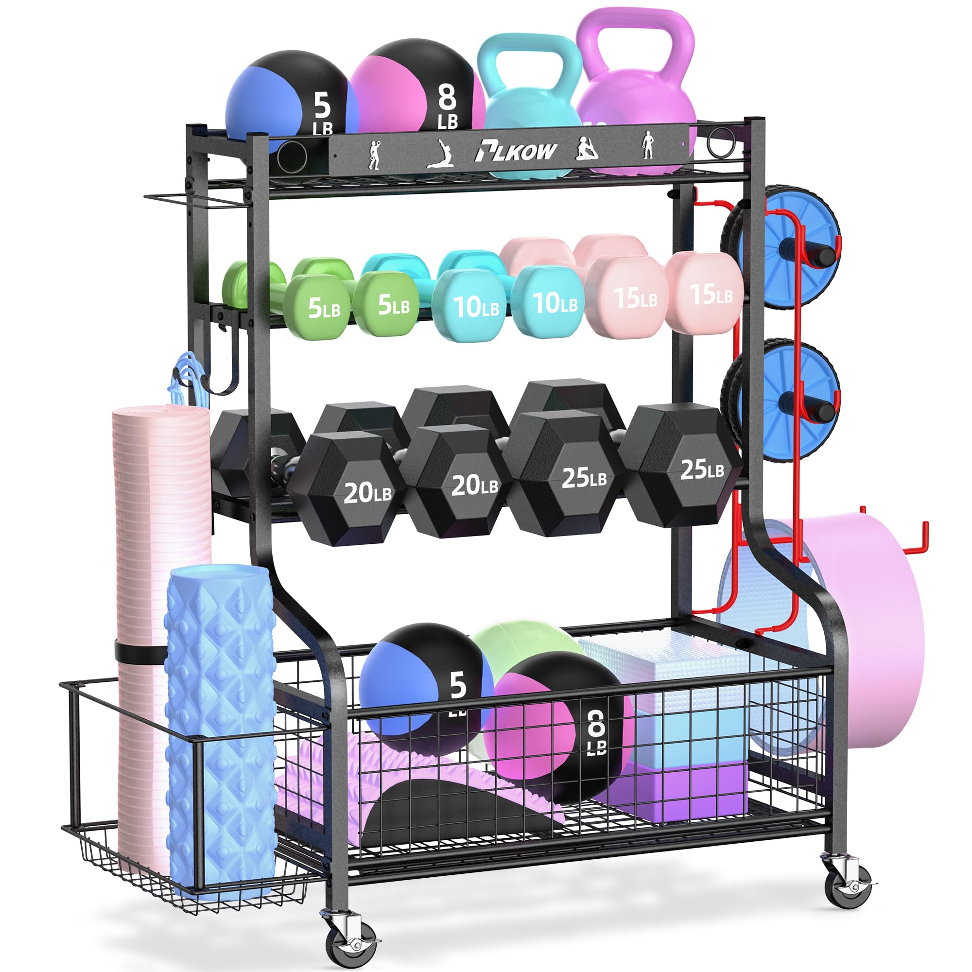 PLKOW Dumbbell Rack, Weight Rack for Home Gym Storage with Wheels and Hooks