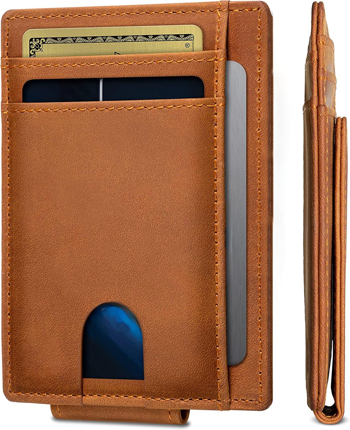 Contacts Front Pocket Wallet with Magnetic Money Clip Minimalist RFID Genuine Leather Wallets for Men Slim Credit Card Card Holder | 7 Card Slots (Tan)…