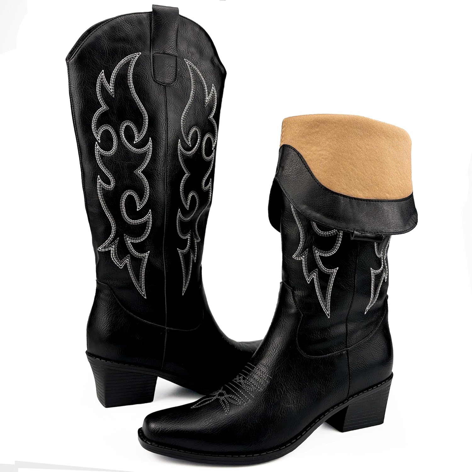 Cowboy Boots for Women Knee High Cowgirl Boots Wide Calf Square Toe Chunky Heel Embroidered Western Black Boots Pull On Fashion Retro Classic Vintage Long Tall Boots for Ladies, Breathable