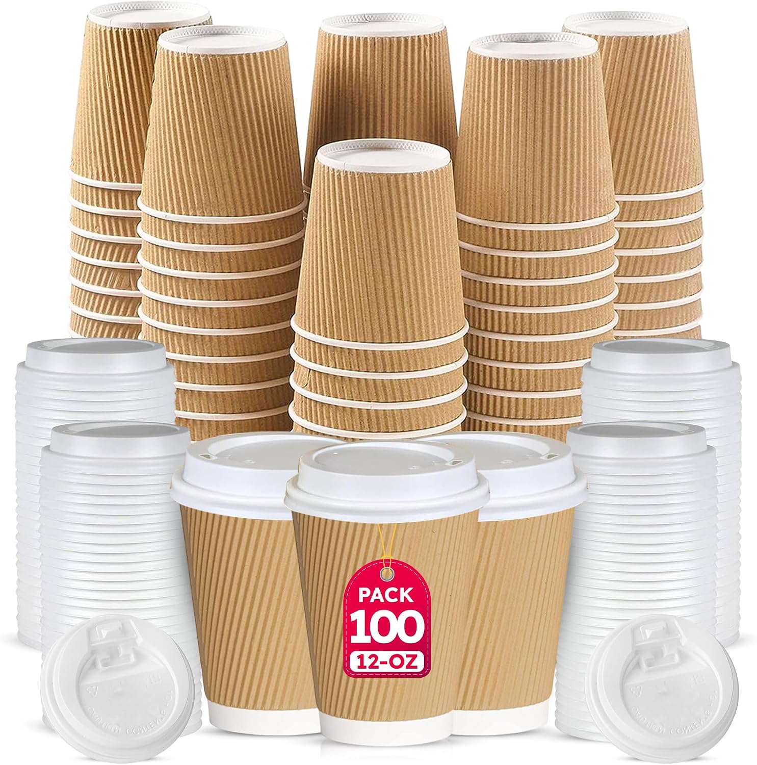 CHEF ROYALE 100 x 12oz Disposable Coffee Cups with Lids - Takeaway ...