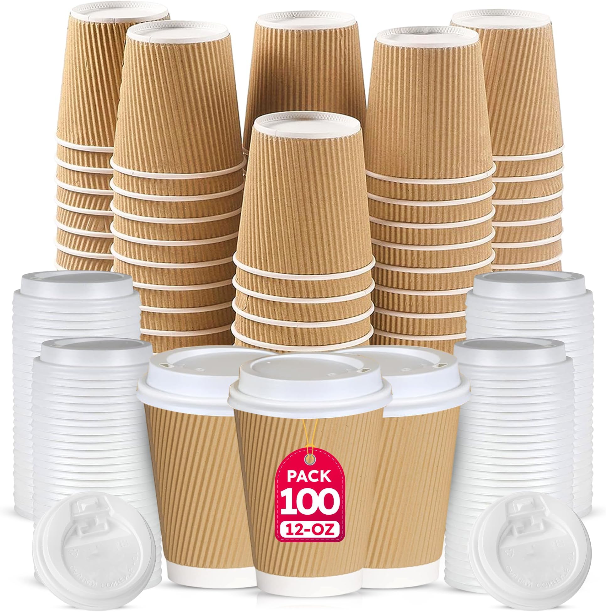 CHEF ROYALE 100 x 12oz Disposable Coffee Cups with Lids - Takeaway Paper Cups for Hot & Cold Drinks - Kraft Triple Walled Disposable Paper Cups - Takeaway Cups