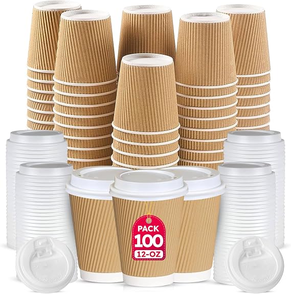 CHEF ROYALE 100 x 12oz Disposable Coffee Cups with Lids - Takeaway ...
