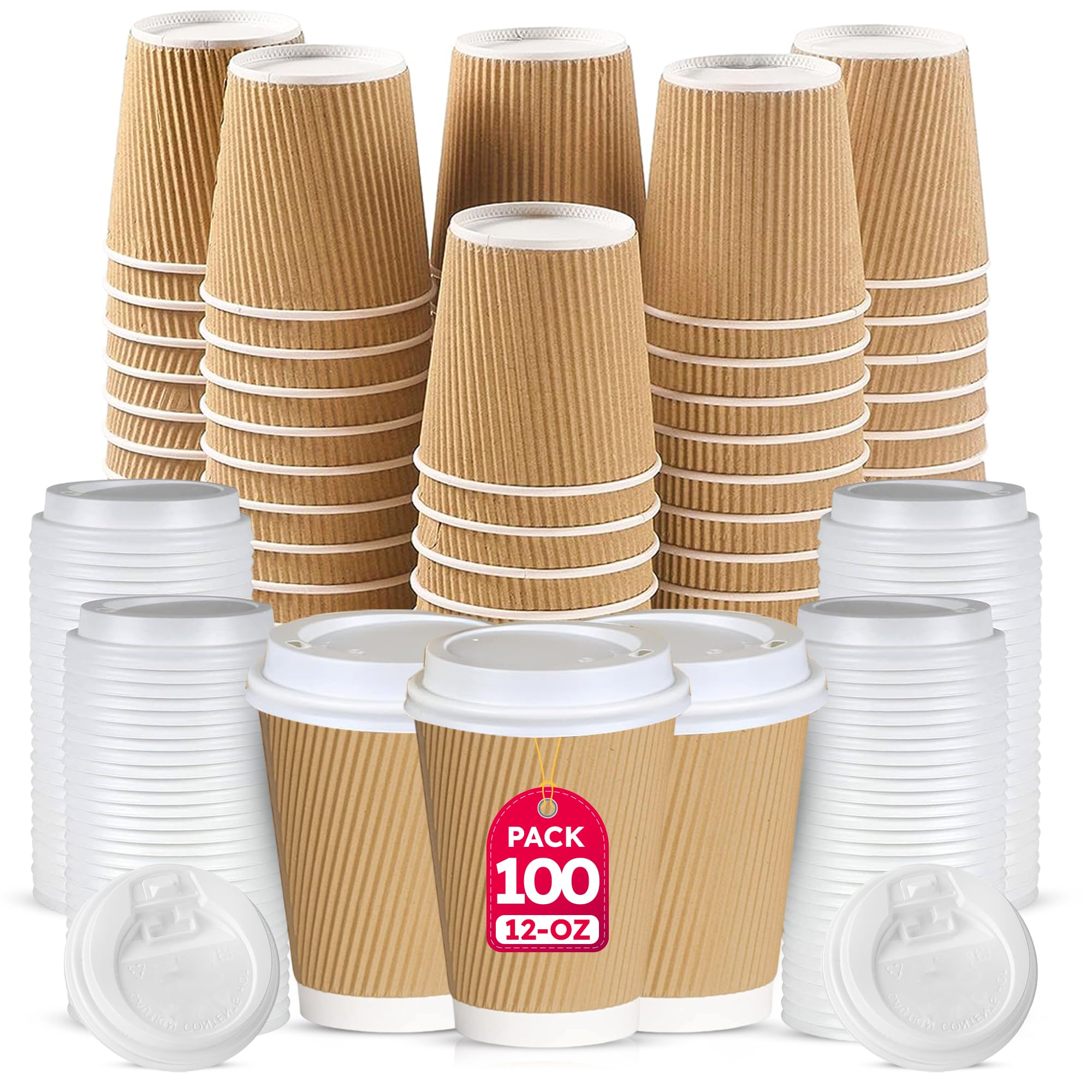 CHEF ROYALE 100 x 12oz Disposable Coffee Cups with Lids - Takeaway Paper Cups for Hot & Cold Drinks - Kraft Triple Walled Disposable Paper Cups - Takeaway Cups
