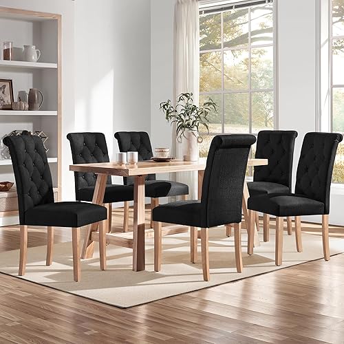Miniatura 64 de Yaheetech Juego de 6 sillas de comedor tapizadas de tela con respaldo alto y patas de madera maciza para cocina, sala de estar, restaurante, estilo