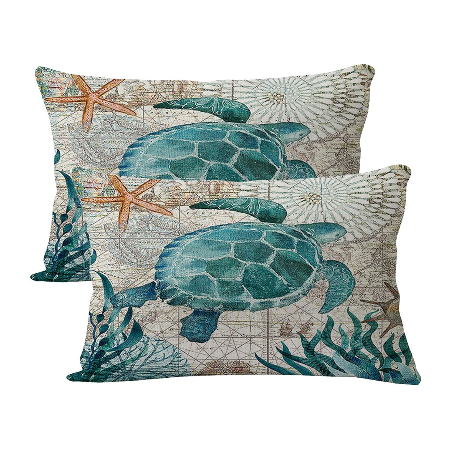 7COLORROOM 2pack Sea Turtle Pillow Cases Ocean Theme Home Decorative Throw Pillow Covers 12 20 Coastal Nautical Cushion