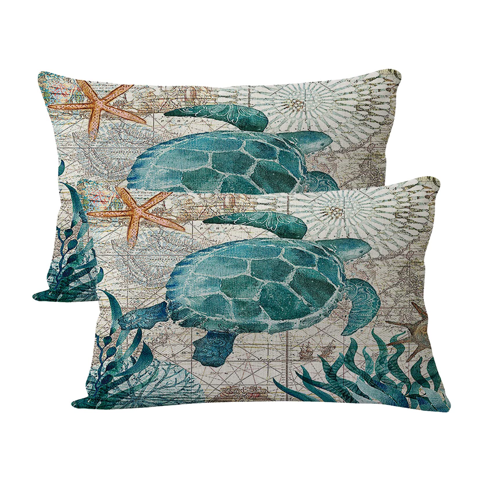 7COLORROOM2pack Sea Turtle Pillow Cases Ocean Theme Home Decorative Throw Pillow Covers 12”×20” Coastal Nautical Cushion Covers for Patio Sofa Couch