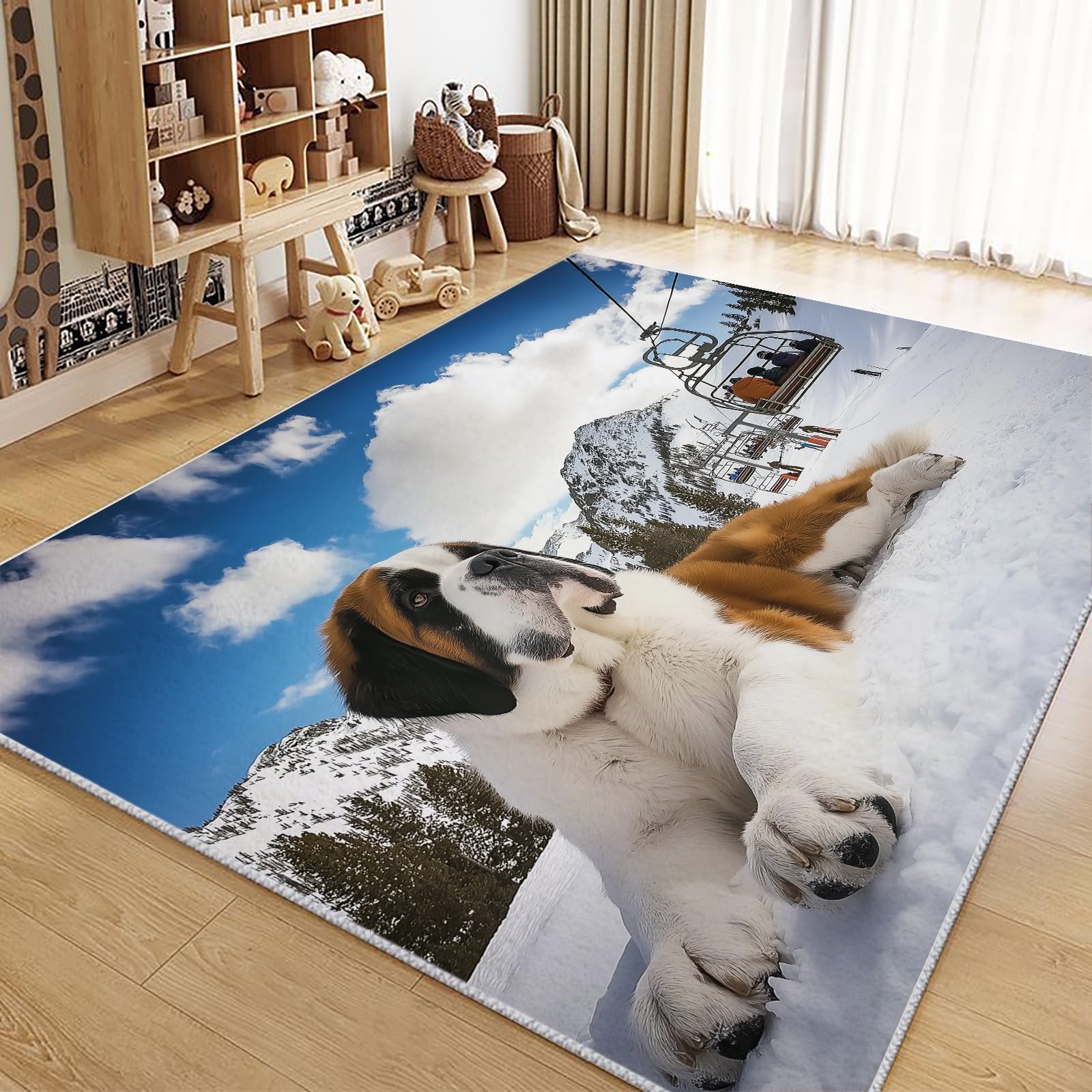 Tapis lavable machine anti-glisse 140x200cm style téléphérique et chien des neiges