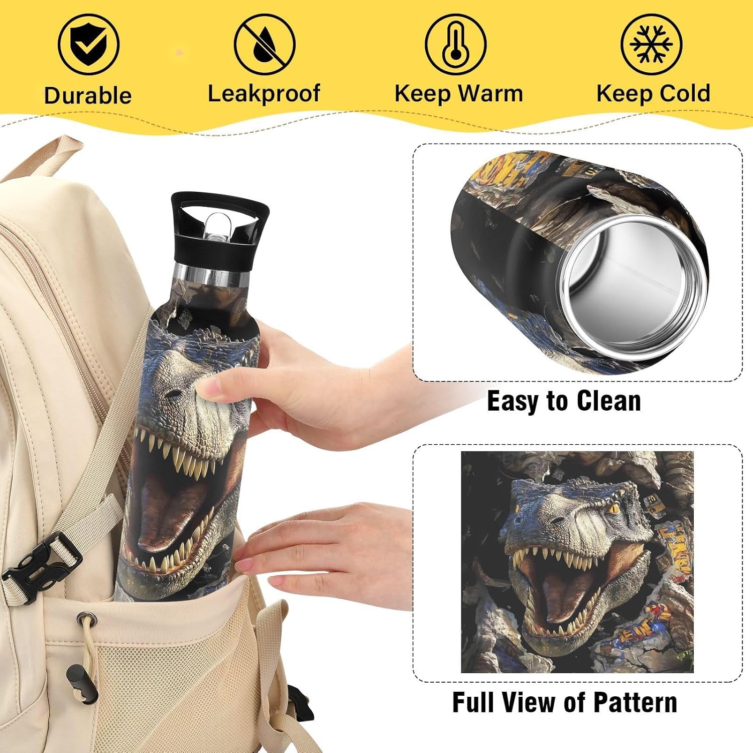 Dinosaur Insulated Water Bottle with Straw Lid,Vacuum Stainless Steel Mug Leakproof Tumbler Flask Jurassic Kids Water Bottle for Sports Travel School,20oz - Image 4