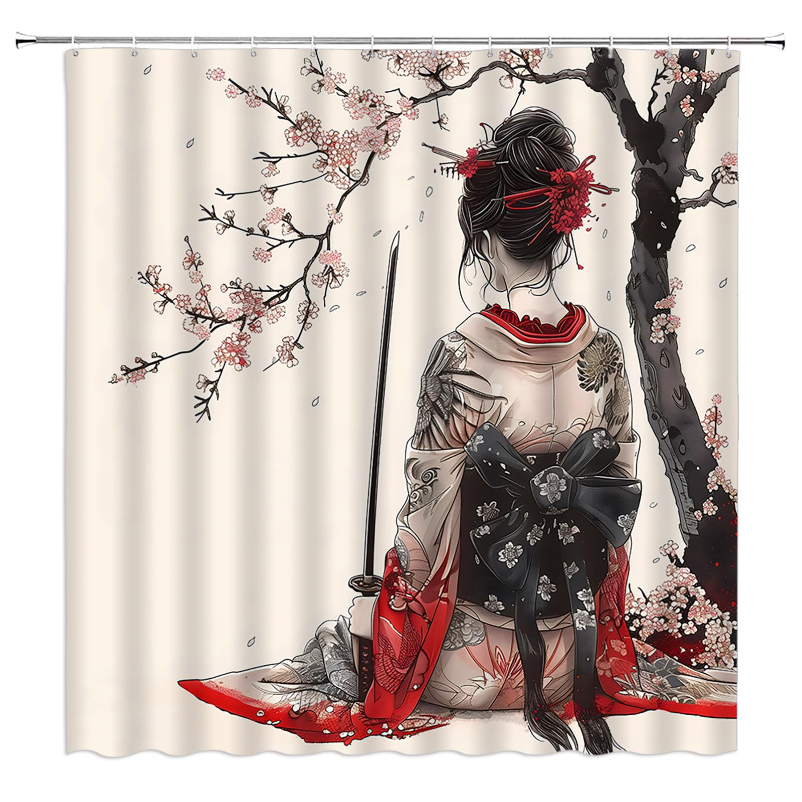 MSAYNFG Japanese Geisha Shower Curtain Retro Floral Blossom Branches Garden Asian Women Fabric Bathroom Decor Set with Hooks(70" Wx70 H)