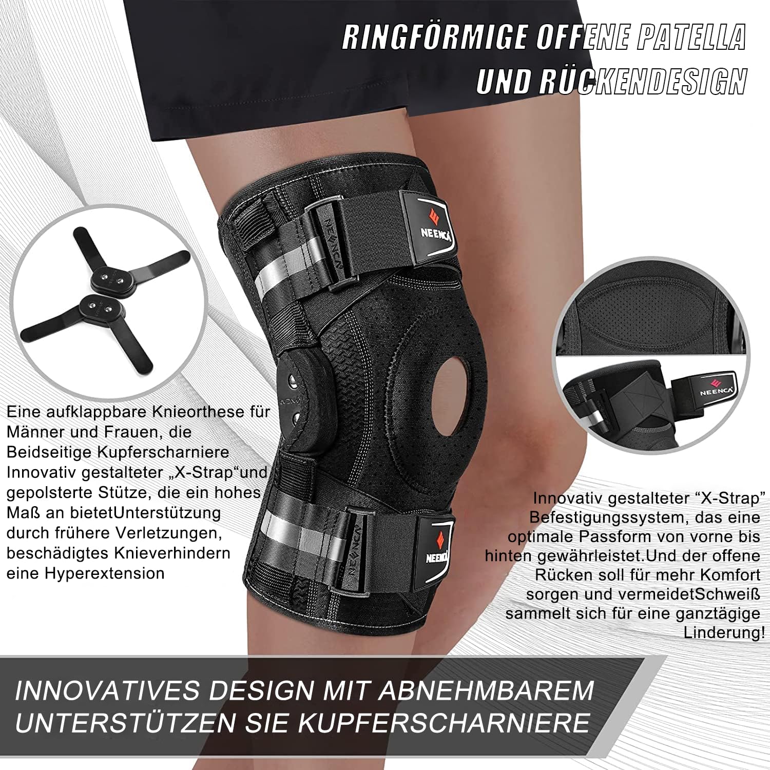 NEENCA Kniebandage gegen Knieschmerzen, Kniestütze mit Scharnier und patentiertem X-Strap Befestigungssystem, starke Stabilität zur Schmerzlinderung, bei Arthritis, Meniskusriss, ACL, PCL, MCL