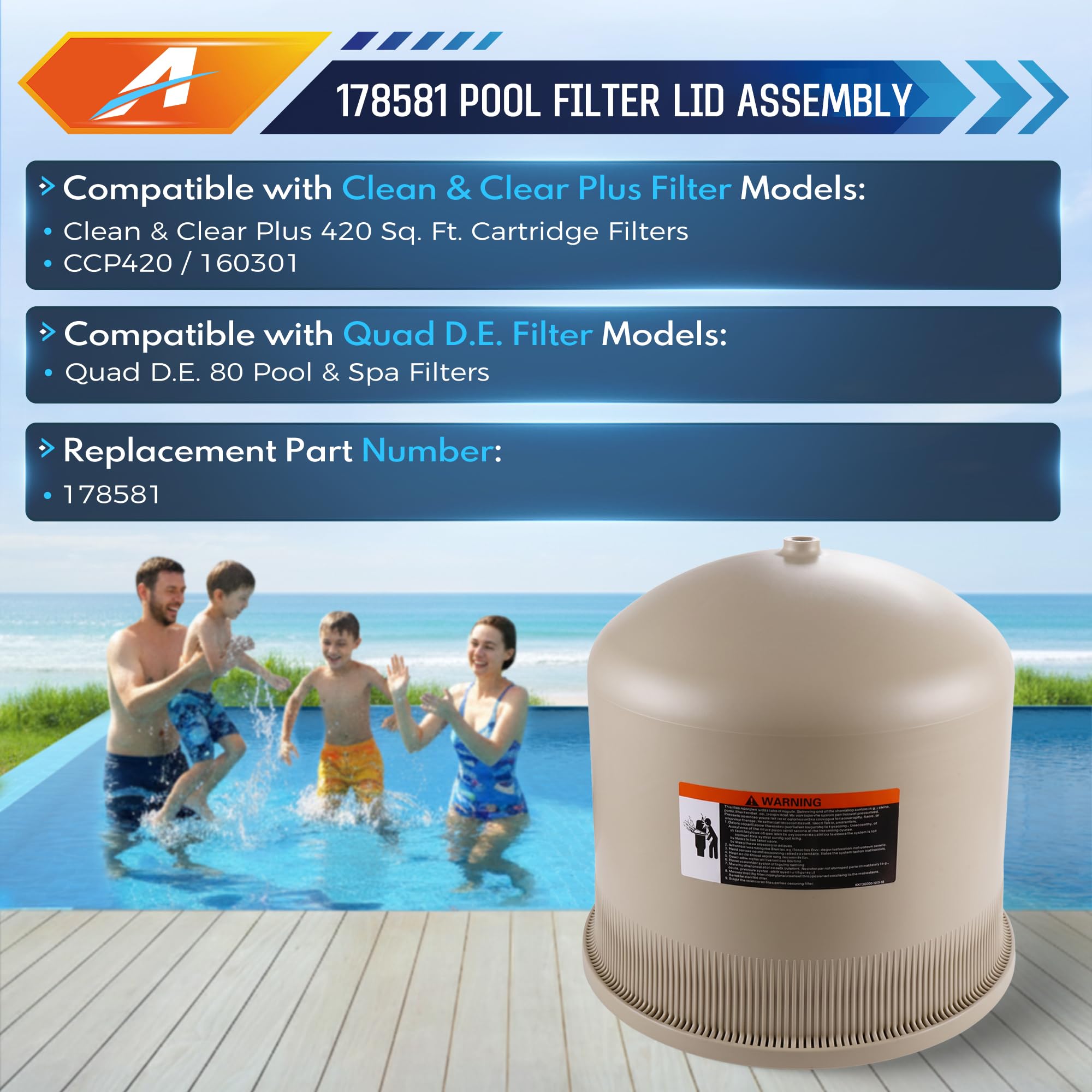 178581 Couvercle de filtre de piscine, couvercle de réservoir de filtre à amande de 53,3 cm, compatible avec les filtres Pentair Clean & Clear Plus 420 CCP420 160301 et Quad D.E. 80 pour