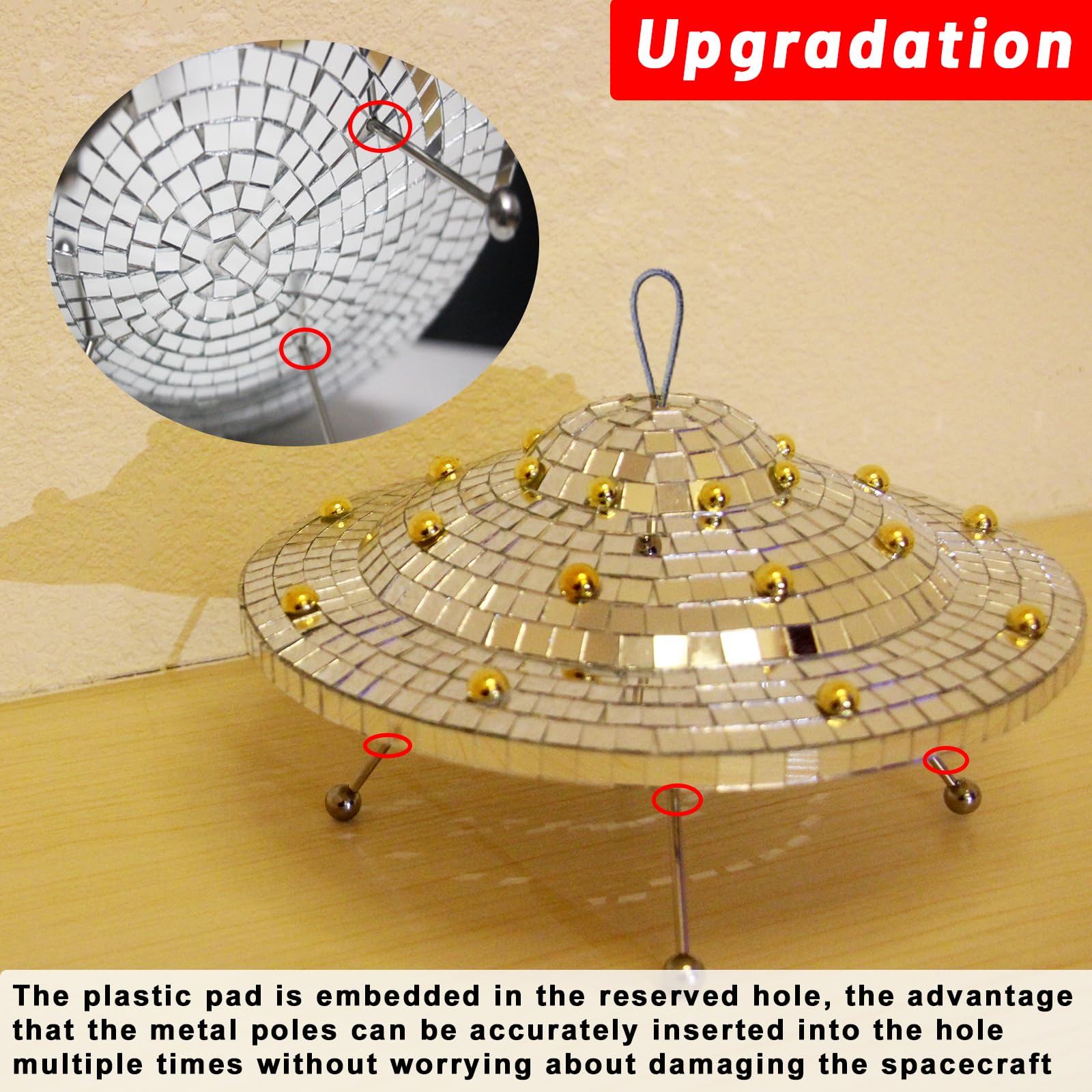Disco Ball with Elastic Rope UFO Spaceship Mirror Reflective Decorations UFO Space Art Crafts Creative Disco Mirror Ball Handmade Gifts Funny Christmas Decorations(9 * 5INCH) - Image 3