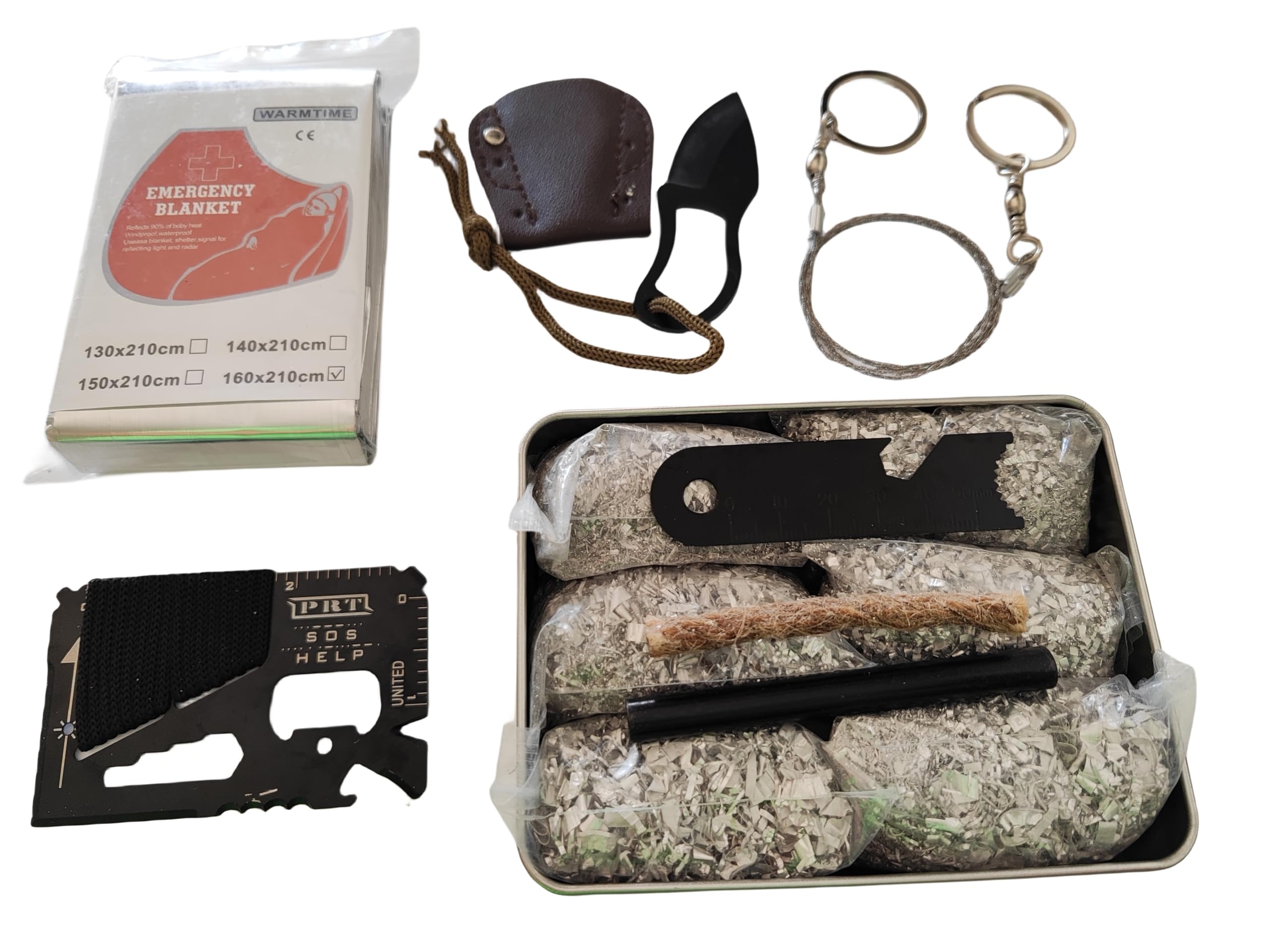 Emergency Fire Stater 6 Bags Magnesium Ferro Striker Saw Wire Multi Purpose Tool Blanket Wax Rope Camping Hiking Bushcraft + 1 Free Tin Can (Mg + FerroStriker + Tool + Saw + Blanket + Knife + WaxRope)