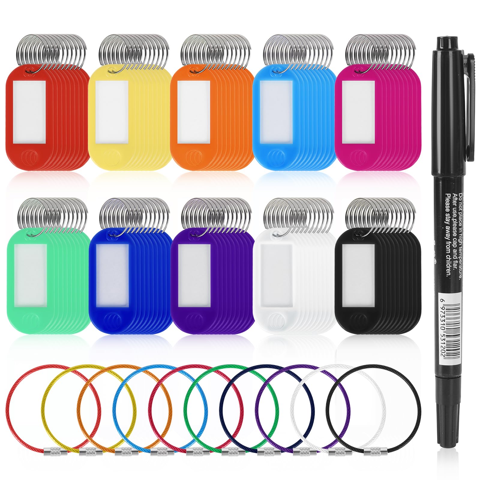 Photo 1 of 100 Pack Plastic Key Tags with Labels, Key Ring Tags with 10 Colored Wire Keychain Cable, Write-On Key Identifiers for USB Drive, Luggage, Keys – Includes 1Pc Marker Pen