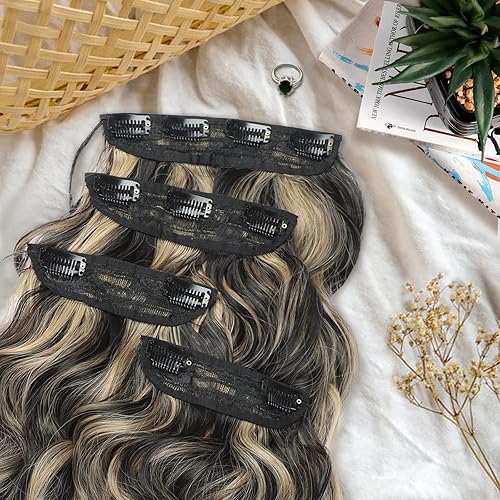 Miniatura 7 de Vigorous Extensiones de cabello sintético con pinzas, 4 unidades, extensiones de cabello sintético largo ondulado con mezcla de rubio negro para