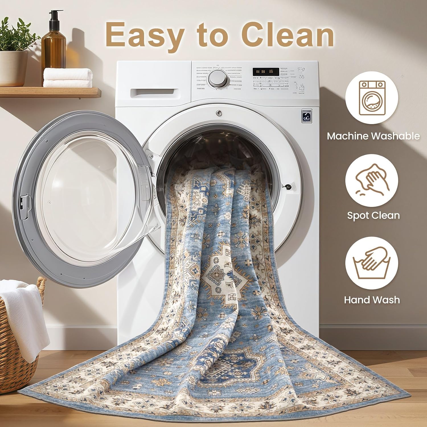 Washable Area Rugs for Living Room -Neutral Vintage Distressed Floral Farmhouse Boho Large Soft Floor Rug Indoor Non Slip Carpet for Living Room Bedroom Dining Room Office - Blue