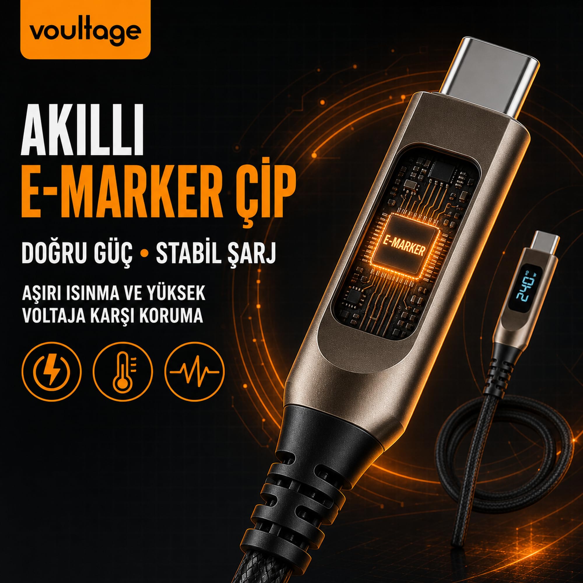 Voultage Type-C To Type-C 240W 1.2 M Dijital Watt Göstergeli Metal Uçlu Şarj Kablosu iPhone 17, 16, 15, Samsung Galaxy S24, S23, Pixel, iPad, MacBook, Nintendo, Xiaomi Uyumlu, Siyah