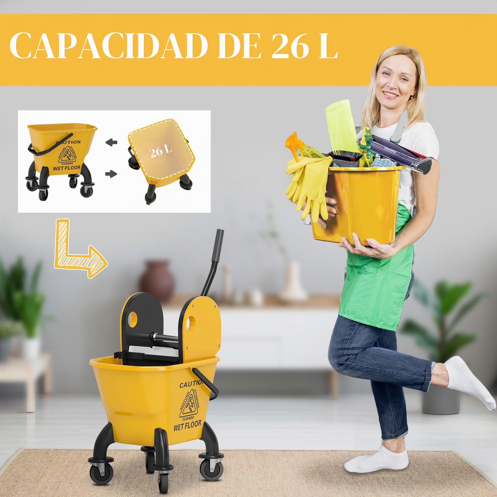 HOMCOM Carro de Limpieza de 26 l, Cubo con Prensa y fregona para Uso doméstico y Comercial