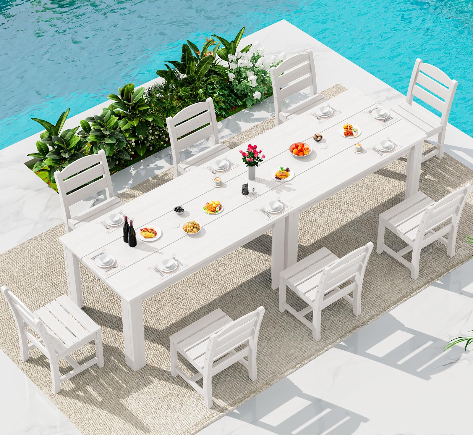 SERWALL 59" Patio Dining Set for 8, HDPE Dining Set, White