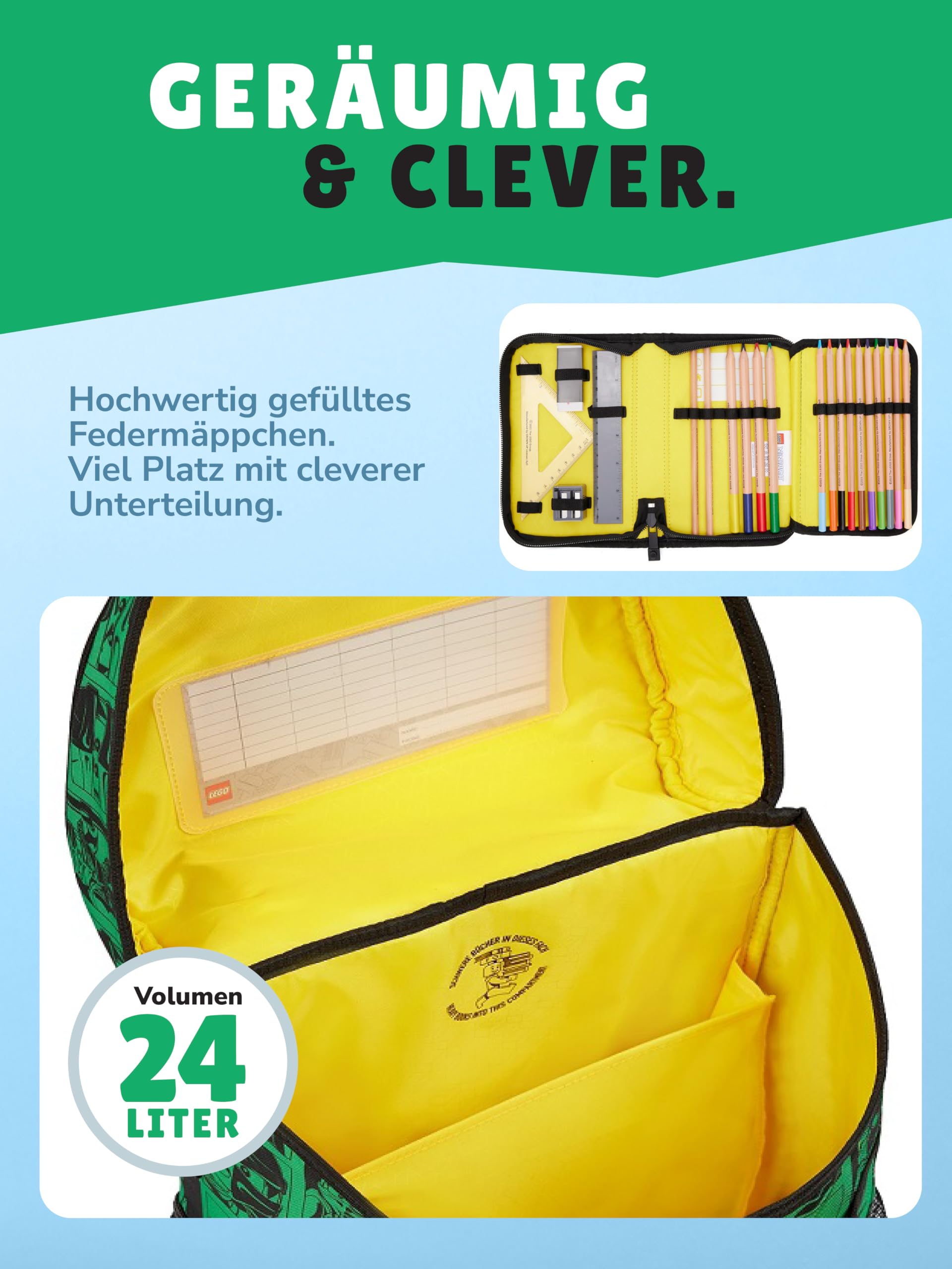 Familando - Schulranzen Set 7-teilig mit Lunch-Set - Lego Easy Green Ninjago - Ergonomisch, stabil & mit gepolstertem Rücken - 790g leicht mit 21L Volumen - mit Reflektoren - Ab 1. Klasse