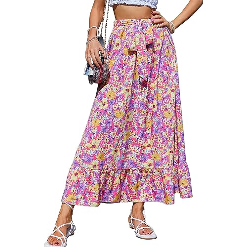 Womens Summer Floral Maxi Skirt with Bow Knot Elastic high Waist Tiered Flowy Skirts midi Length