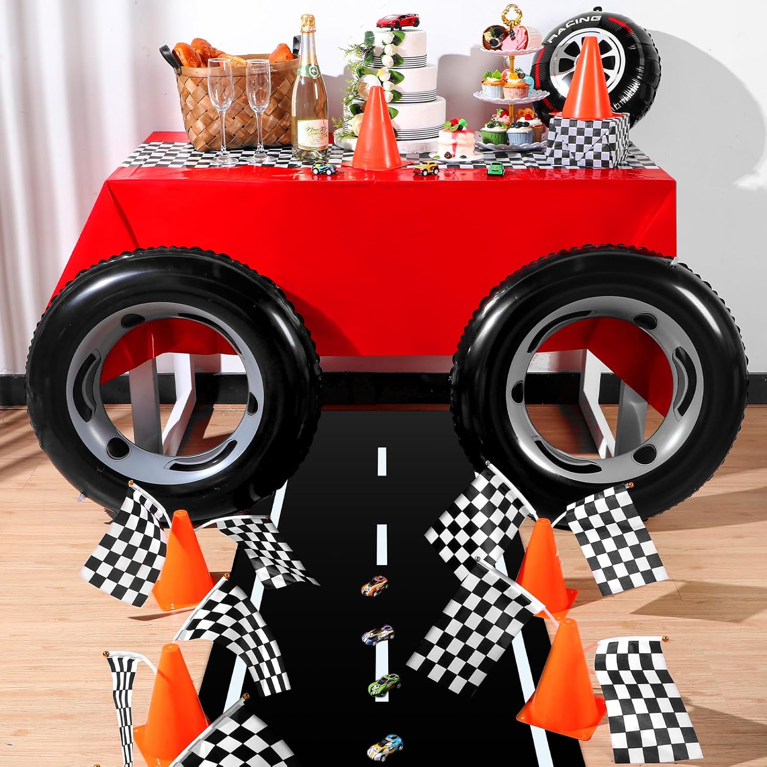 Remagr 24 Pcs Race Car Theme Birthday Party Supplies, 8 Pcs Traffic Cones, 12 Black and White Checkered Flags, 2 27.5" Inflatable Tire Tubes, Black Floor Runner, Checkered Tablecloth(Vivid Style)