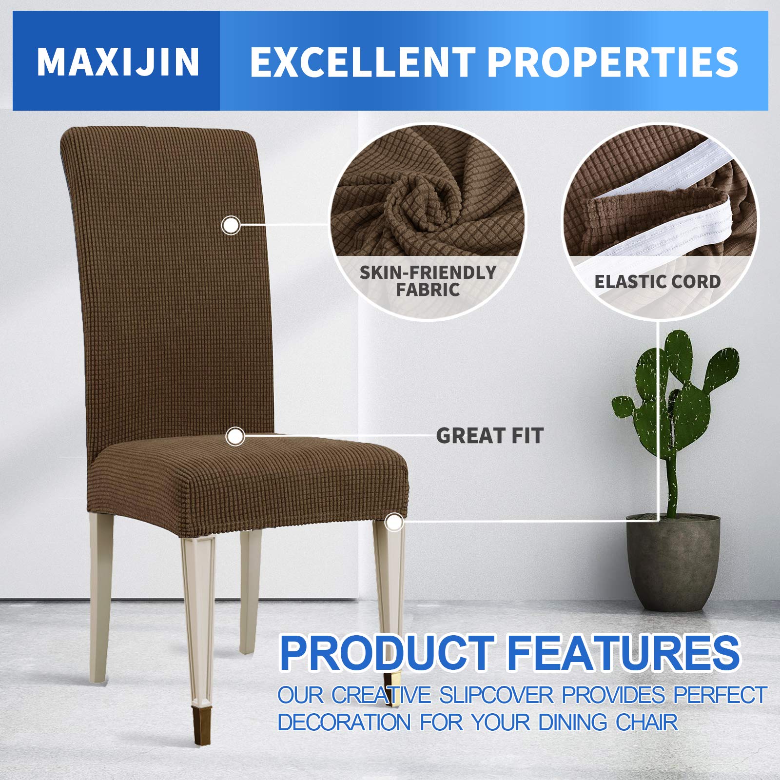 MAXIJIN Super Stretch Dining Room Chair Cover Jacquard Spandex Dining Parsons Chair Slipcover Removable Chair Protector Covers for Dining Room,Hotel,Kitchen,Ceremony (Brown - Image 3