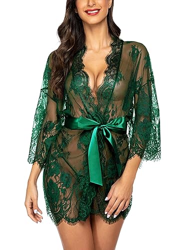 Avidlove Women's Lace Kimono Robe Babydoll Lingerie Mesh Nightgown S-5XL - Dark Green - 5X-Large