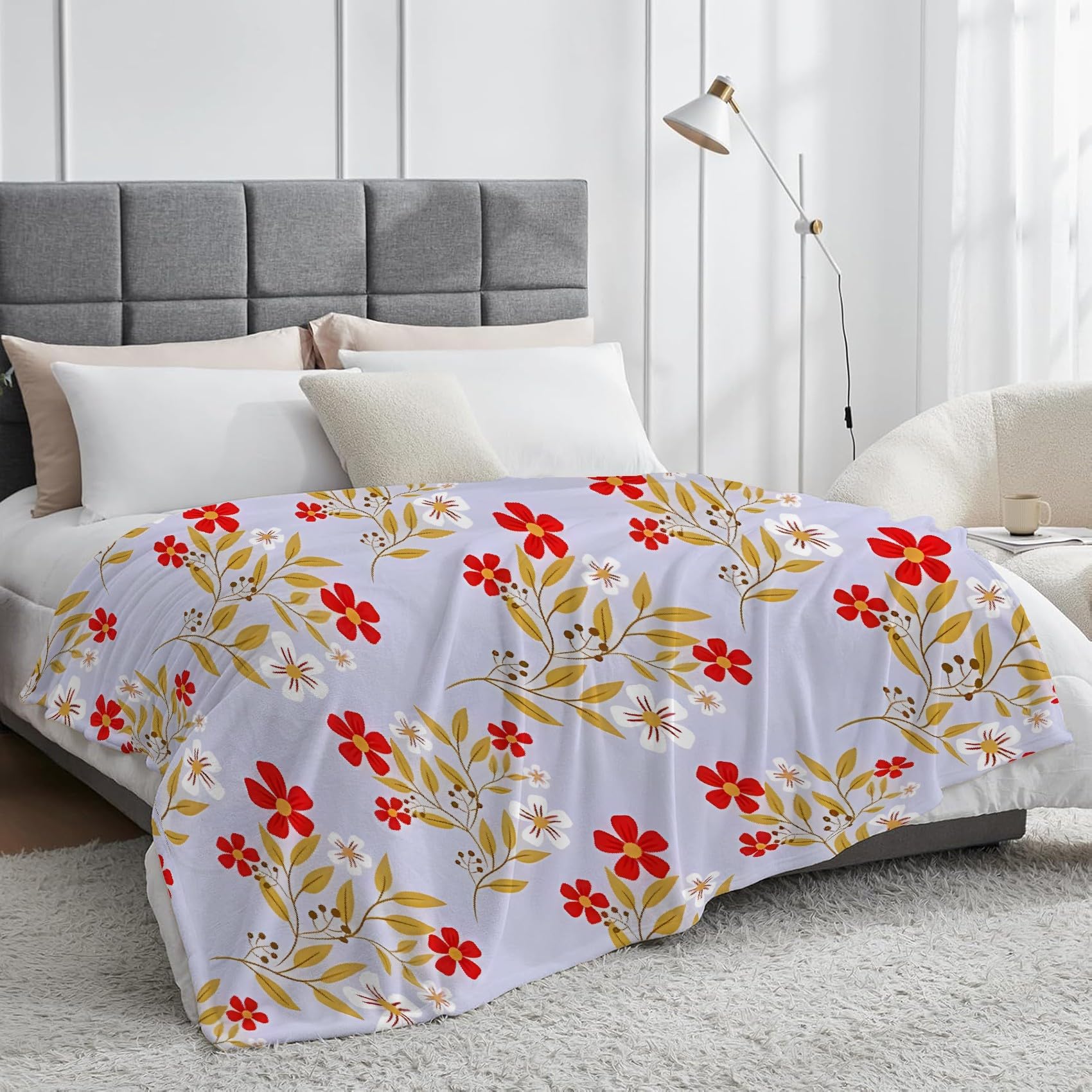 Czerwony i biały koc gałęzi w kwiaty świeżość retro koc polarowy flanelowy mikrofibra 180 x 220 cm, lekki, miękki, ciepły i wygodny, odpowiedni do sypialni i salonu