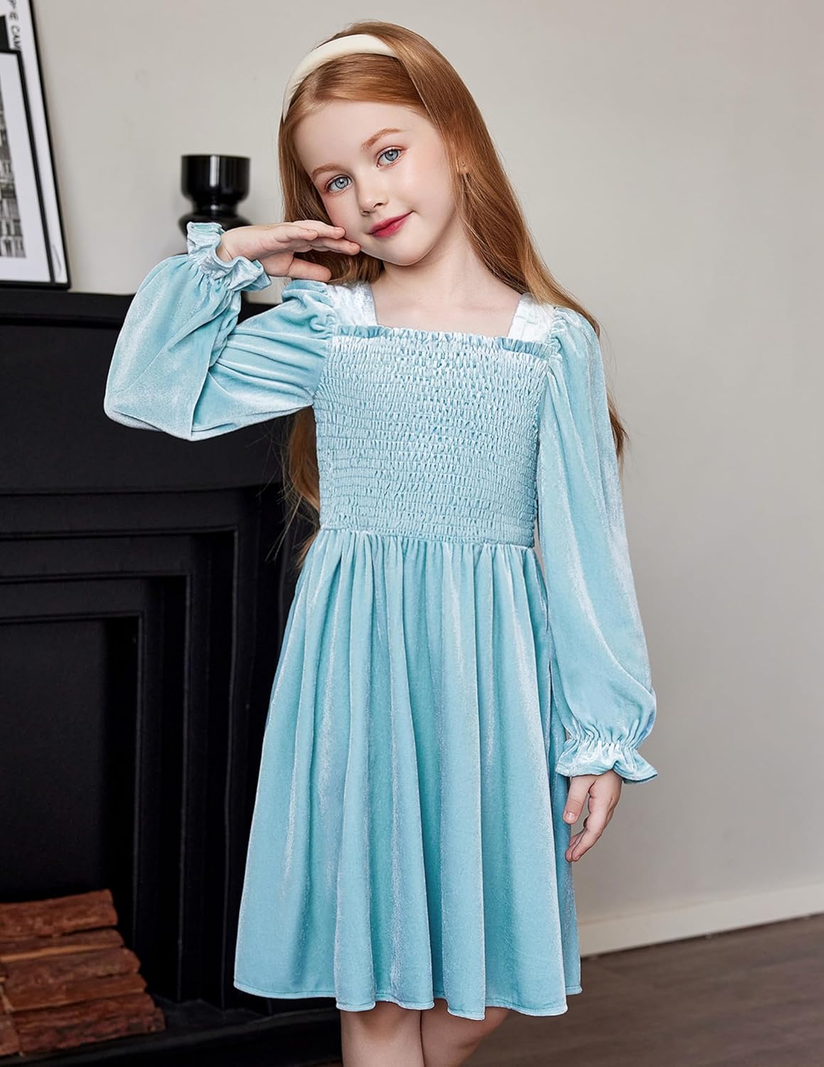 Arshiner Toddler Velvet Dress Girls Smocked Square Neck Puff Long Sleeve Party Dresses with Pockets 3-8Y - Image 2