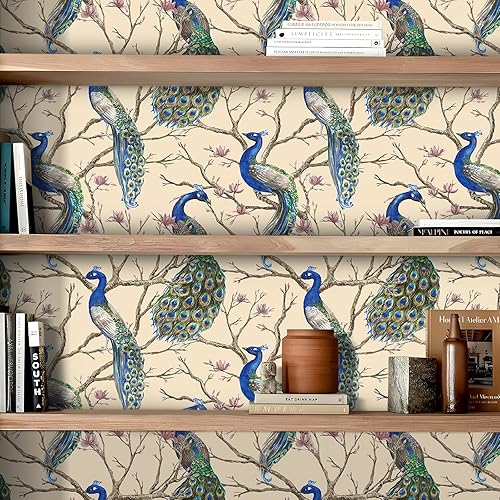 Miniatura 5 de FunStick Vintage Green Blue Peacock Wallpaper Peel and Stick Chinoiserie Beige Floral Branches Bird Wallpaper for Bedroom Bathroom Waterproof Self