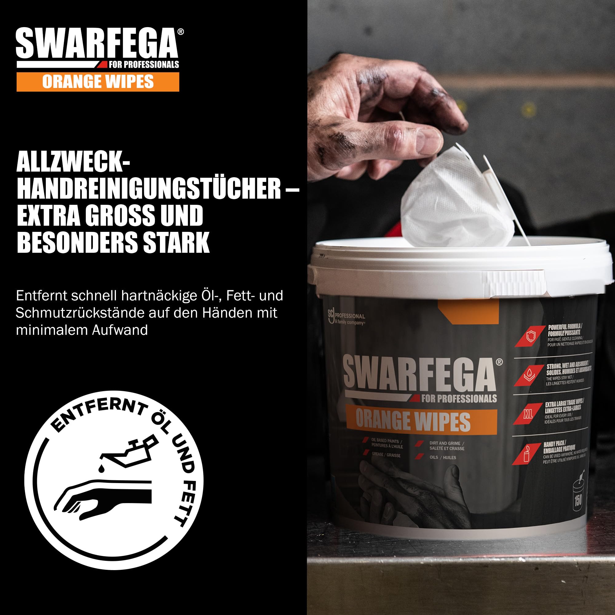 Swarfega Orange Handreinigungstücher – Entfernen Fett, Öl & Schmutz – Feuchte Reinigungstücher mit Hautpflegemitteln – 150 Tücher – Für gewerbliche Anwendung