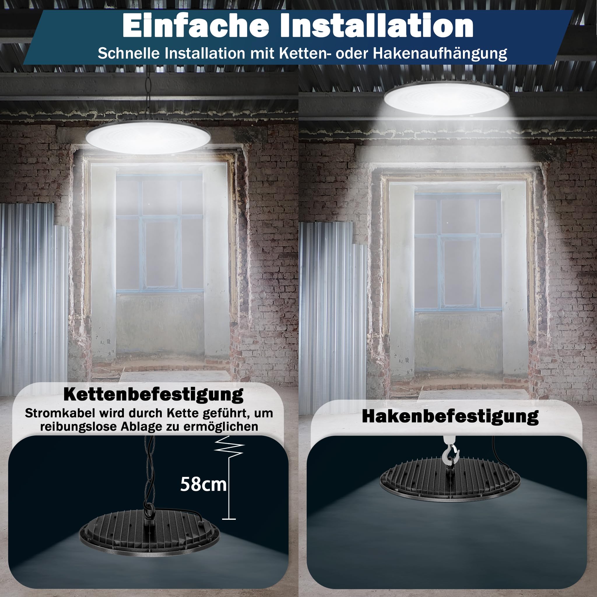 UISEBRT UFO reflektor halowy, 500 W, reflektor sufitowy, 6000 K - 6500 K, zimna biel, lampa warsztatowa, klasa wodoszczelności IP65, do fabryk, garażu, magazynów