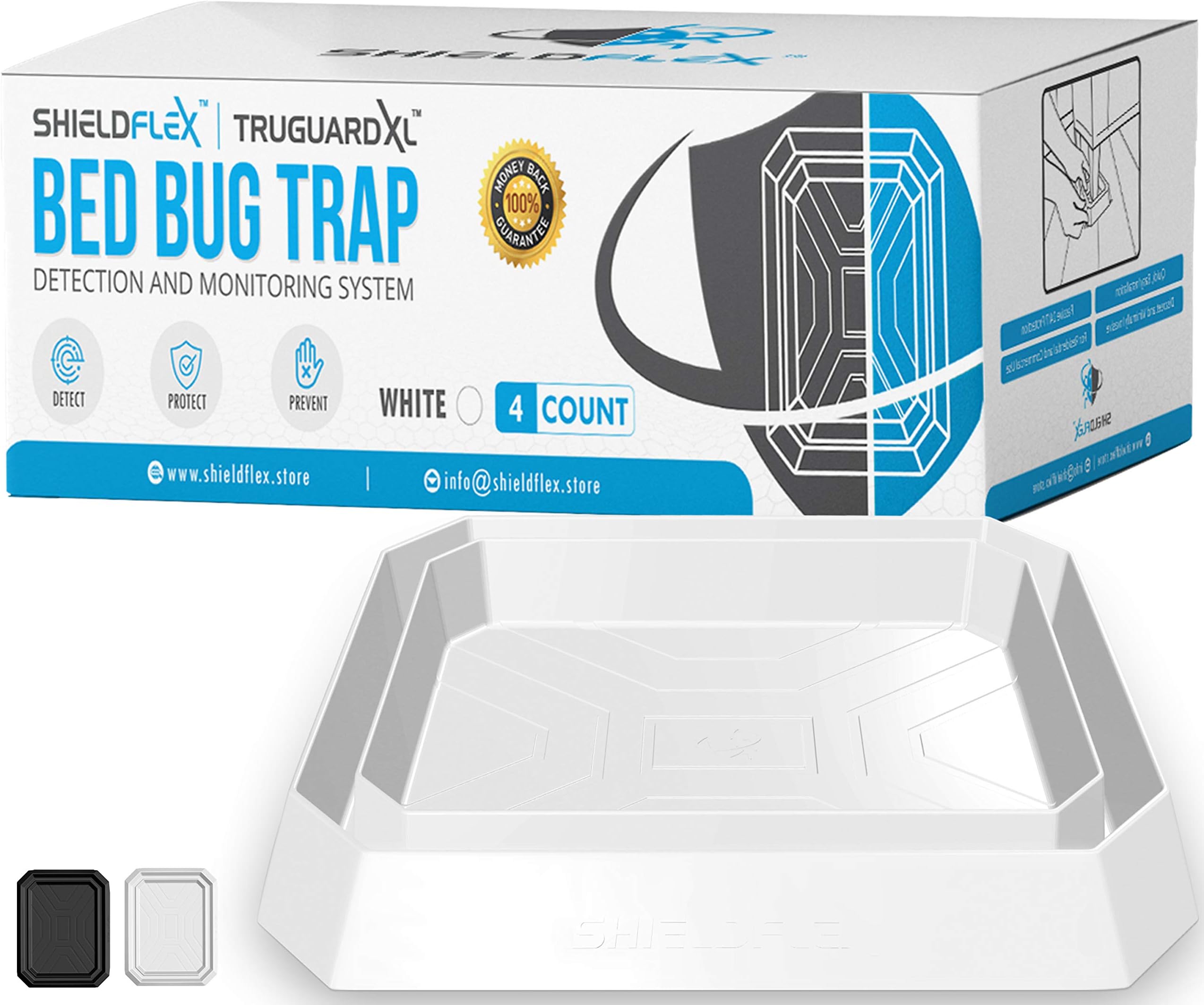 Bed Bug Trap — 4 Pack | TruGuard XL Bed Bug Interceptors (White) | Extra Large Bed Bug Traps for Bed Legs | Reliable Insect Detector, Interceptor, and Monitor for Pest Control and Treatment