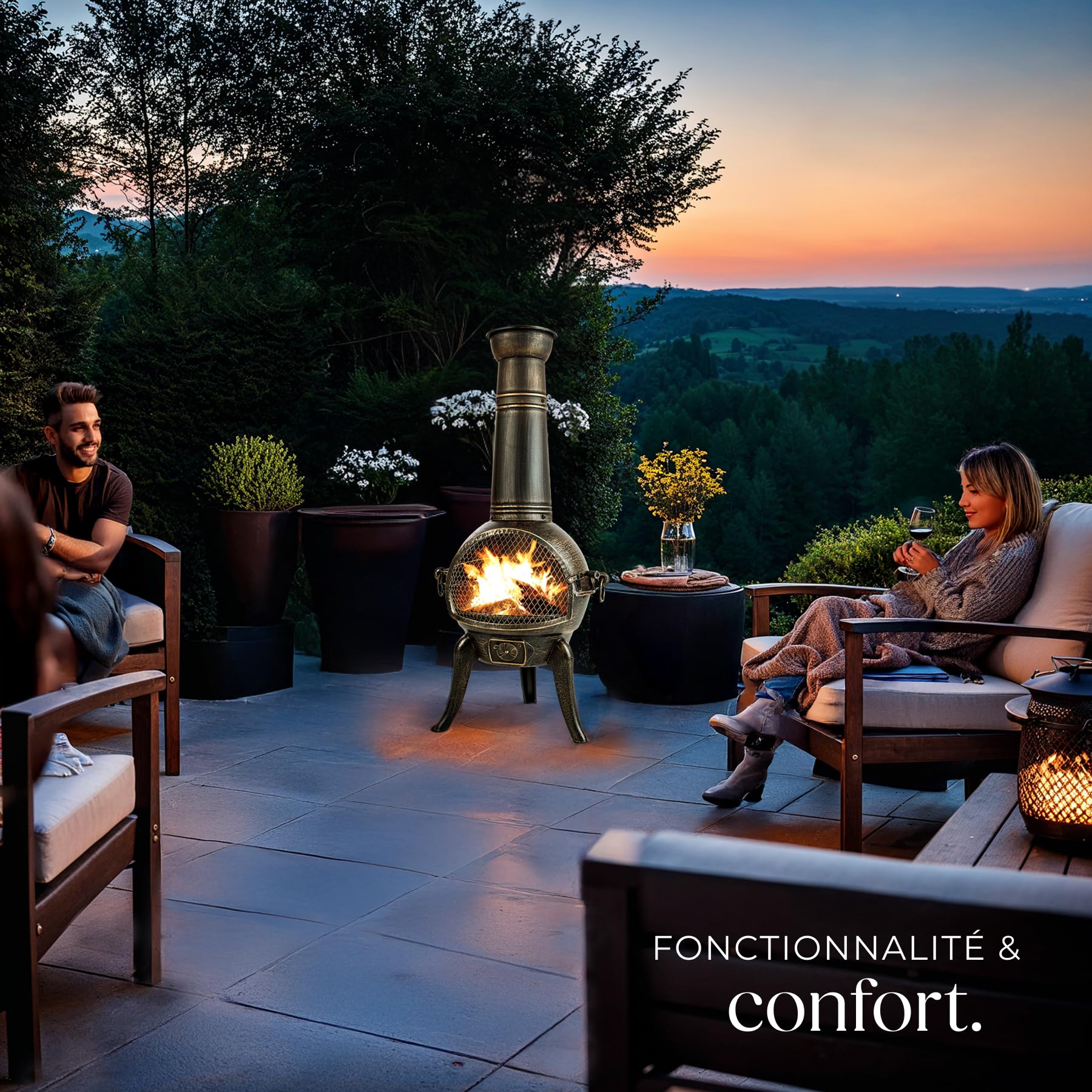 tectake® Brasero Exterieur Poêle en Fonte Chauffage au Bois Cheminée de terrasse extérieure Style Antique avec Porte grillagée & tisonnier 44 x 52 x 115 cm pour Aménagement Salon de Jardin Exterieur
