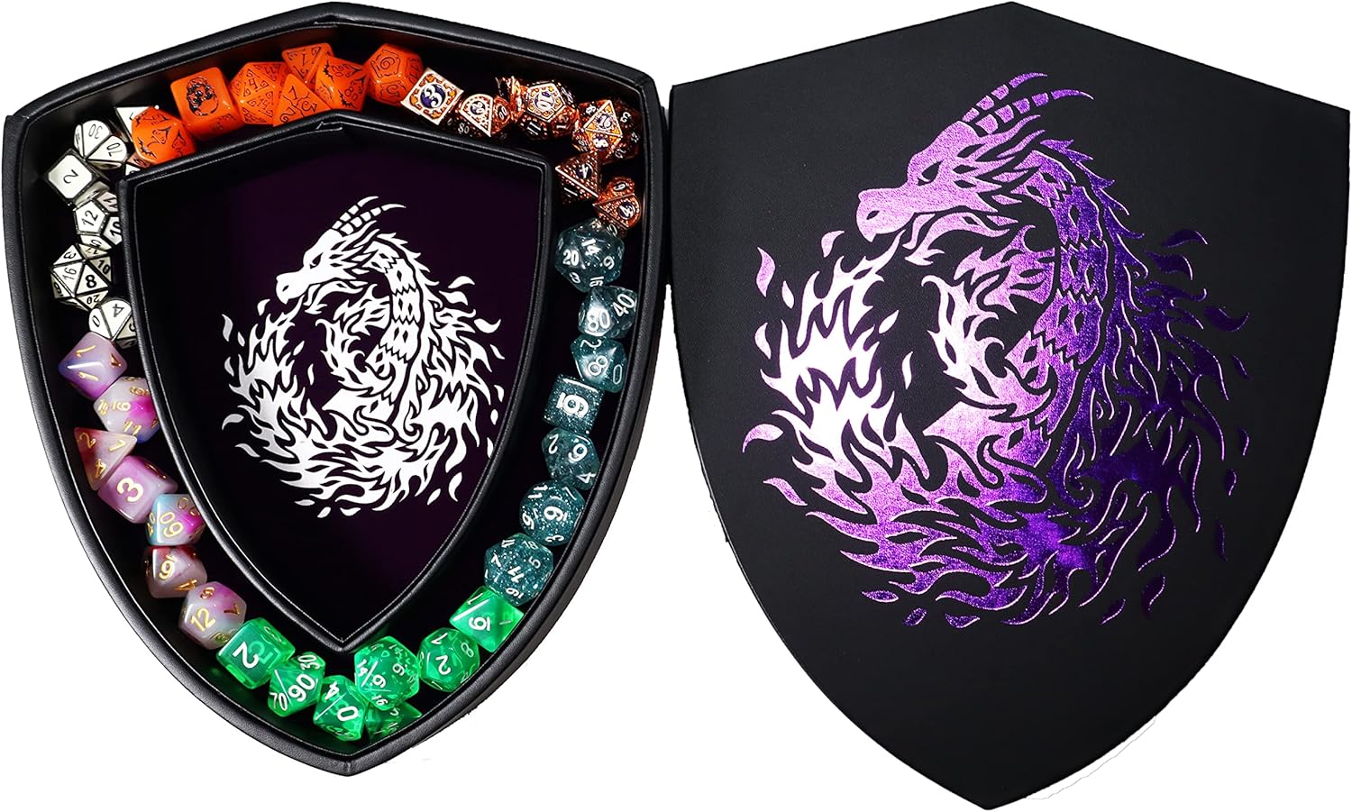 Fantasydice Shield Dice Tray Purple Fire Dragon with Lid and Dice Staging Area- Holds 6 Sets(7 Dice Set/Standard) for All Tabletop Games