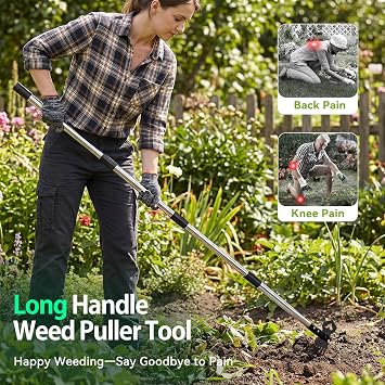 60 Weed Puller Tool with Long Handle, 2-in-1 Weed Rake & Garden Hoe, Stand Up Weeding Tools Gardening, Heavy Duty Steel Weeder Tool, Manual Uprooting Weed Remover Tool for Yard, Lawn, Patio, Garden